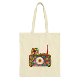 Retro Radio Tote Bag, Floral Radio Gift, Hippie Style Bag, Vintage Radio Art, Groovy Design, Unique Shopping Bag, Music Lover Gift - Tawshia